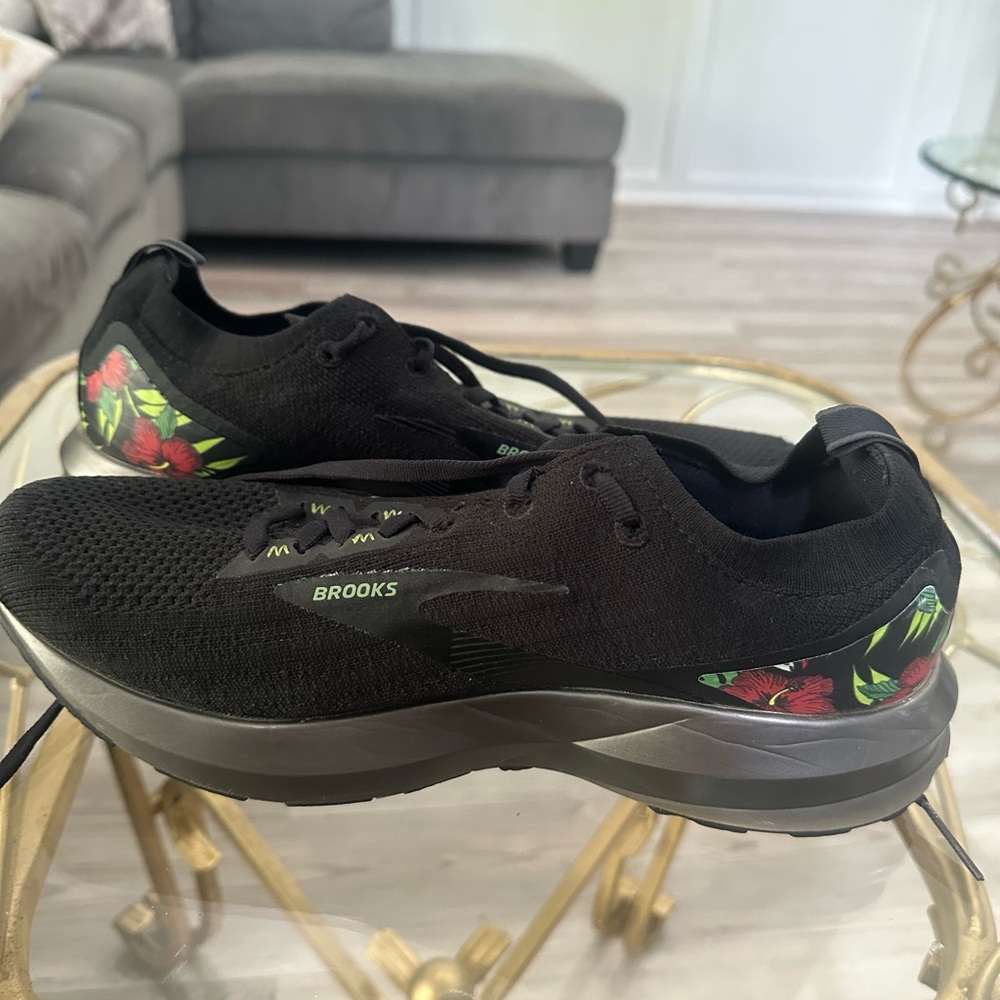 Brooks Black Running Shoes with Red Floral Heel Detail
